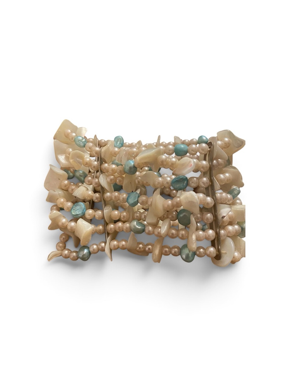 Multi-Strand Cream Pearl and Aqua Bead Stretch Bracelet